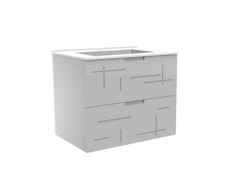 Meuble vasque Liberté façades gravées grises - Blanc / Noir - L700 x P480 x H576mm