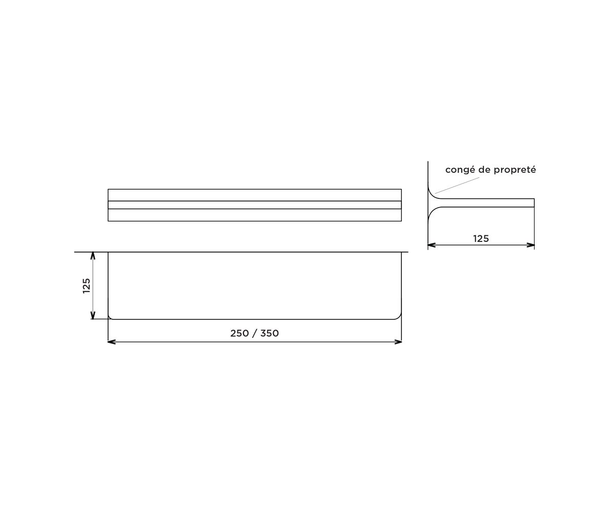 bathwell Tablette de 12mm avec congé de propreté - Noir - L 250 mm - Noir - L250 x P125 x H12mm