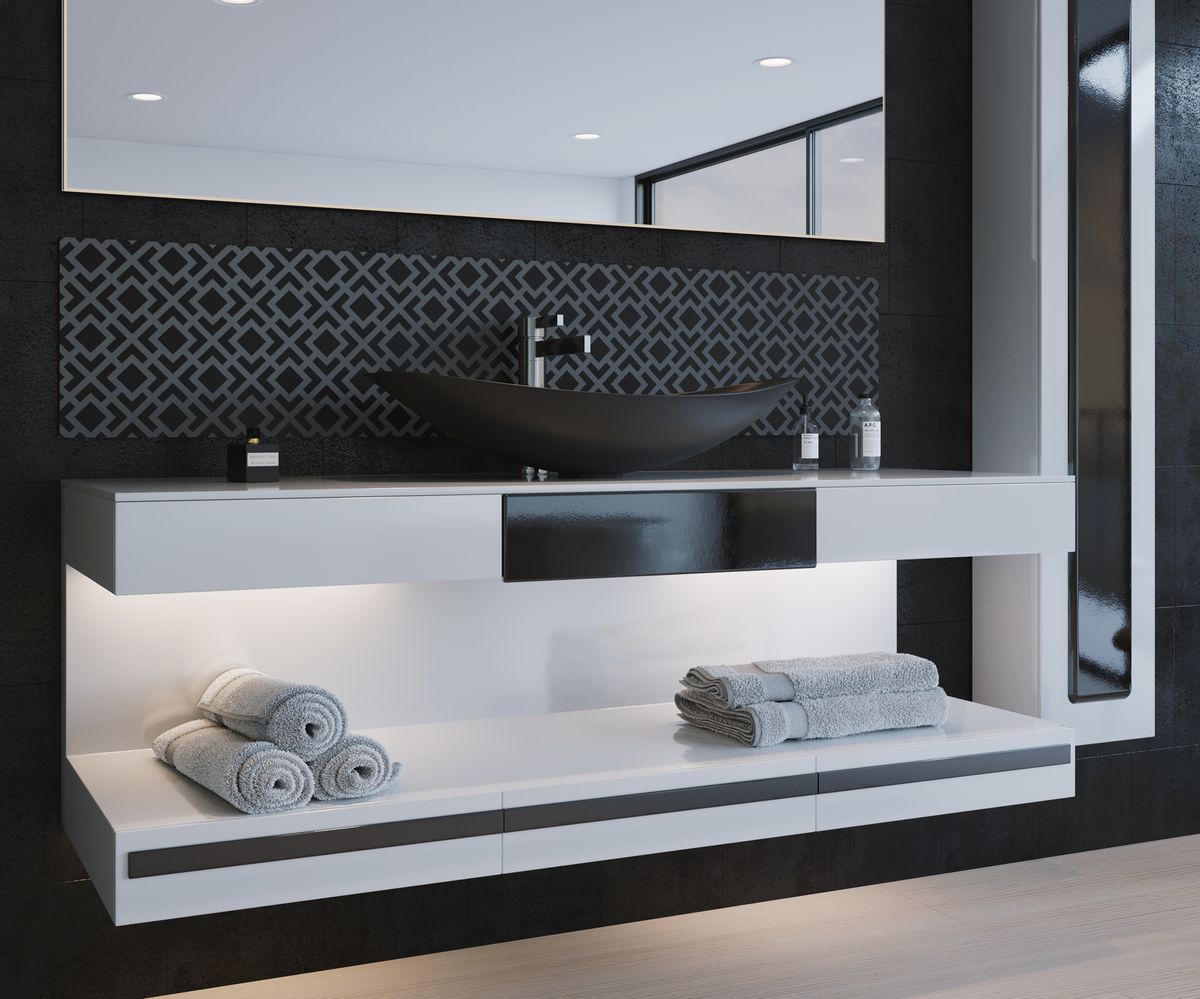 bathwell Meuble vasque Alésia Pur noir - Blanc / Noir - L1500 x P500 x H600 mm
