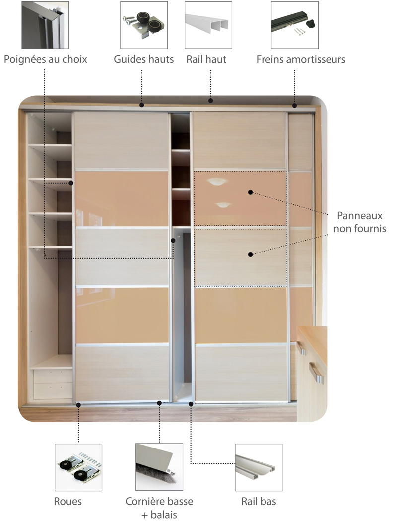 Kit SLID'UP 280 aluminium anodisé bronze pour 3 portes de placard  coulissantes 18 mm - rail 3 m - 50 kg