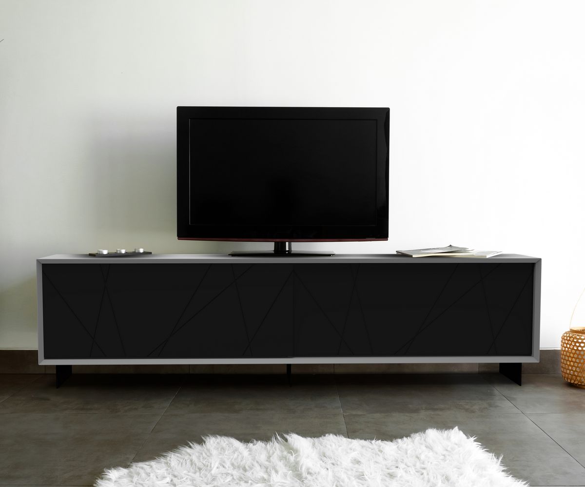 Loungewell Meuble TV Stockholm Lines - Gris clair / Noir - L2000 x P450 x H520 mm