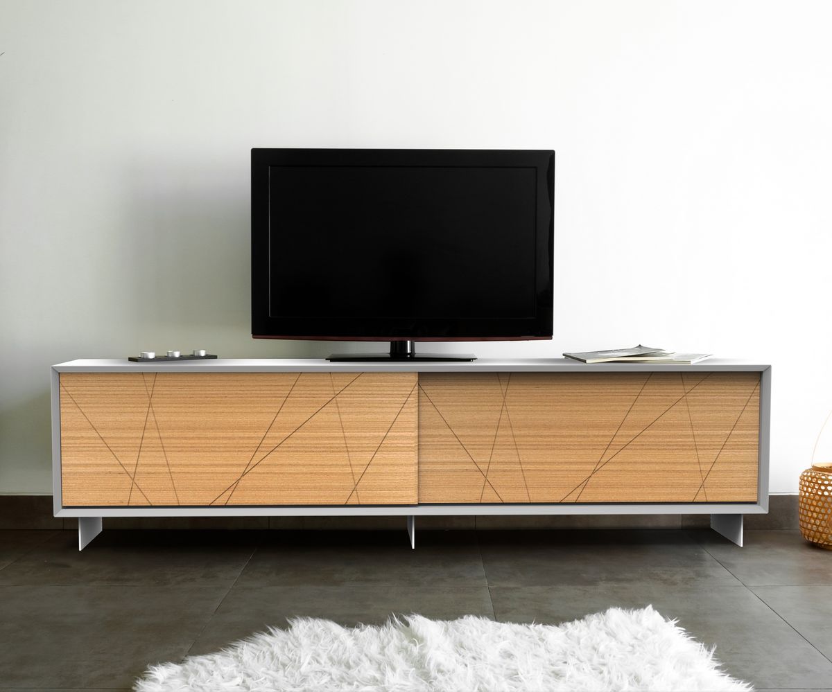 Loungewell Meuble TV Stockholm Lines - Blanc / Chêne - L2000 x P450 x H520 mm